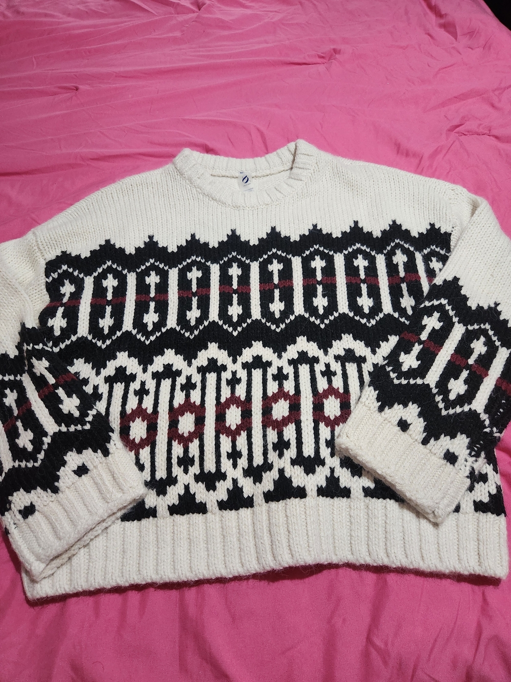 Lou & Grey Ivory Fair Isle Crewneck Sweater with Black & Burgundy Accents